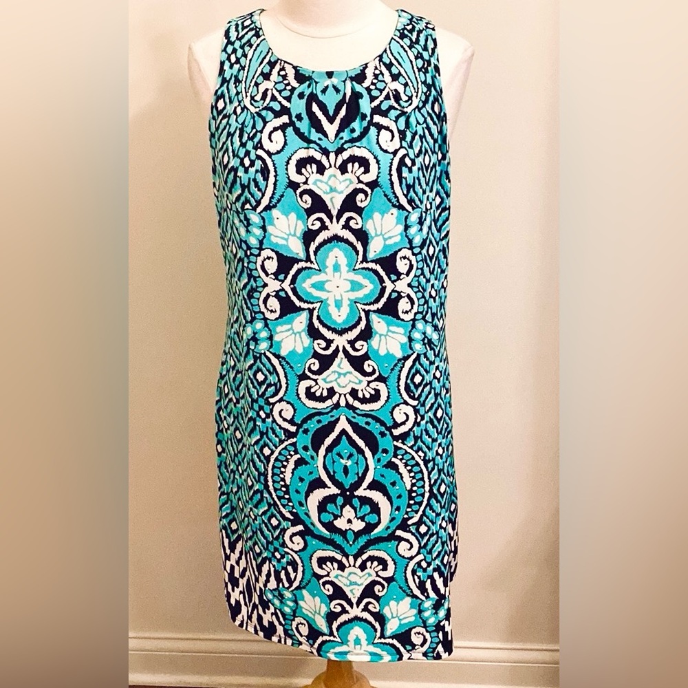 INC International Concepts Black Turquoise Geometric L Edgy Modern Studded Dress